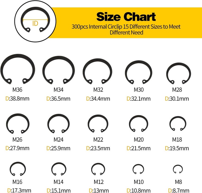 LFSEMINI Snap Ring Shop Assortment, 300pcs Internal Retaining Ring with 4pcs 7" Snap Ring Pliers Set, M8-M36, 15 Different Sizes Alloy Steel Circlip Snap Ring and Internal/External Circlip Pliers Set - Image 2